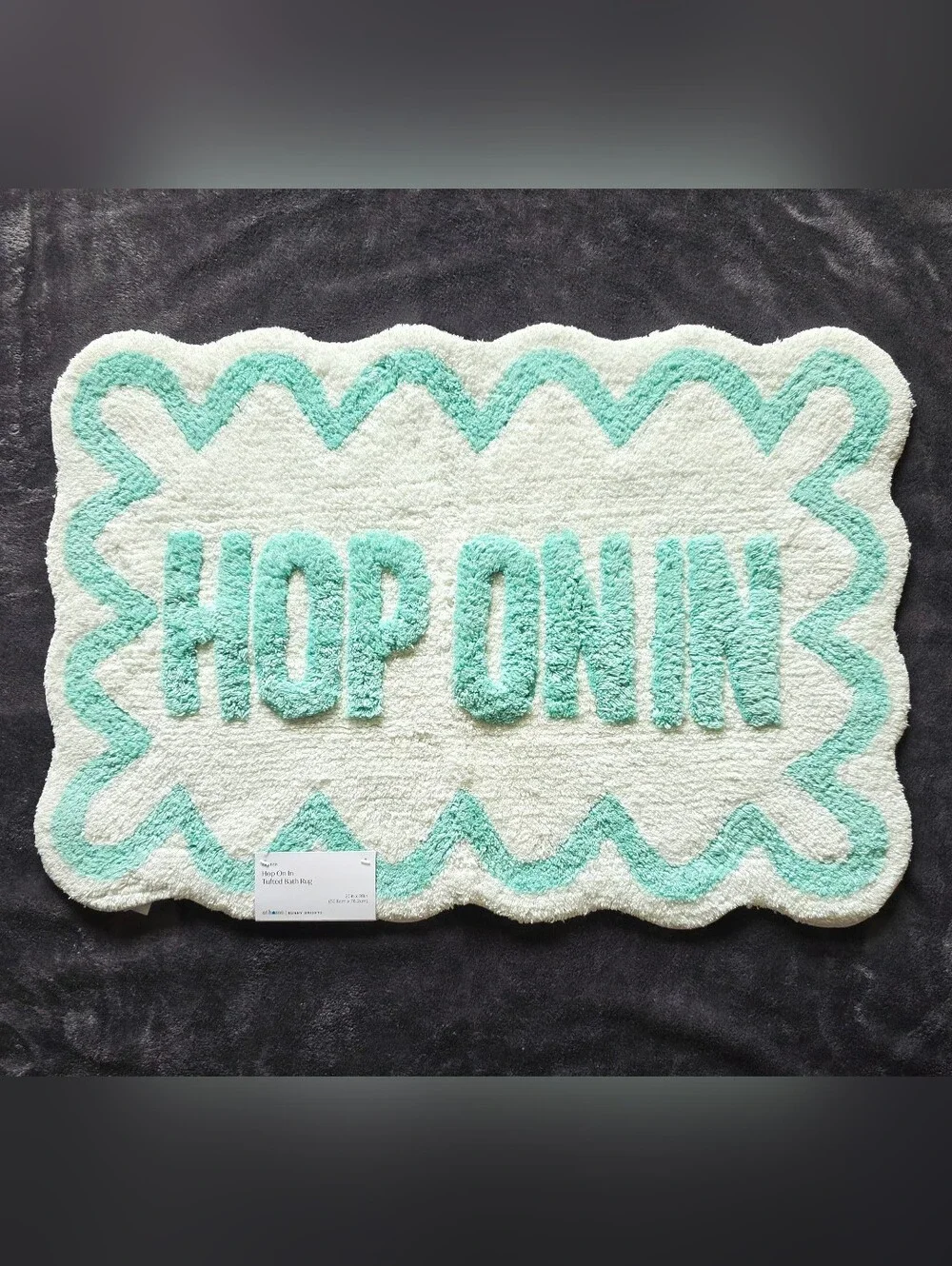 New Easter Bunny Brights Hop on In Scalloped Bath Rug, 20 × 30 in, white & teal